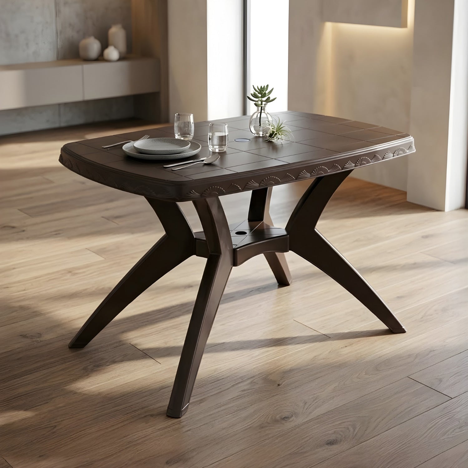 NILKAMAL SHAHENSHAH KROSS LEGGED TABLE (WEATHER BROWN) — Nilkamal | VK Furniture Mangalore