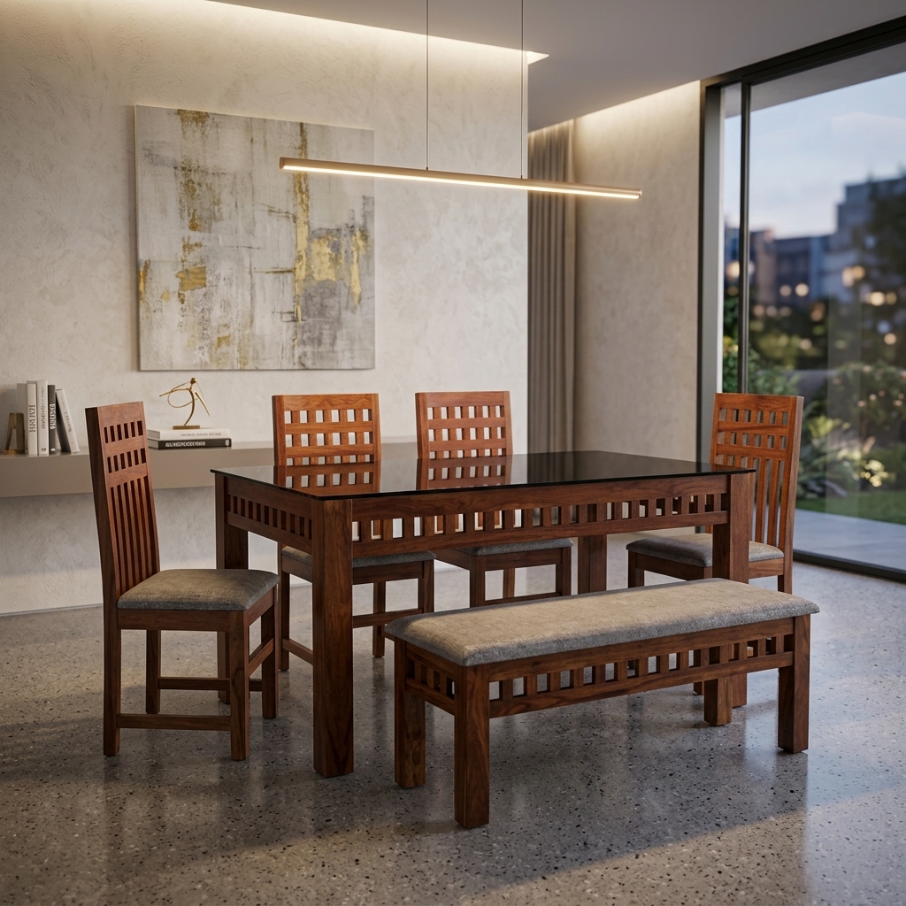 VK MARK MODEL 4 SEATER WITH BENCH DINING SET — VK Furniture & Electronics | VK Furniture Mangalore