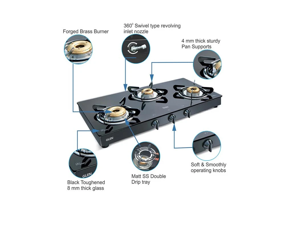 GLEN LPG STOVE 1033 GT XL BRASS BURNER BLACK