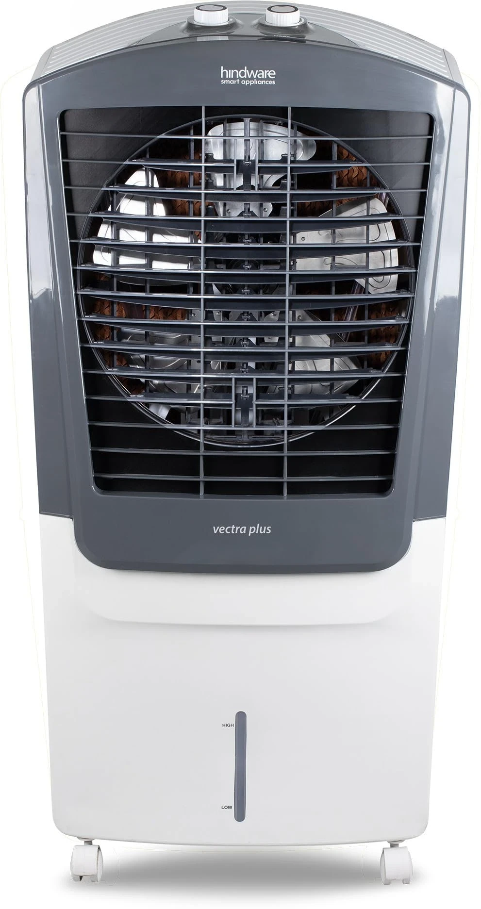 Hindware Smart Appliances Vectra Plus 70L | Desert Air Cooler with Woodwool Pads, Inverter Compatible, Castor wheels and motorized air flow control & High Air Delivery (White & Grey)