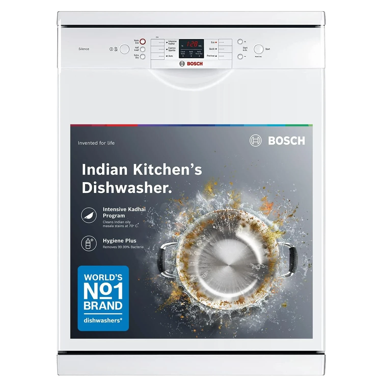 Bosch 13 Place Setting (fits up to 70 utensils) Free-Standing Dishwasher for Indian Utensils | Hygiene+ & Intensive Kadhai Program (SMS66GW01I, White, Inbuilt Heater, Removes 99.9% Germs)