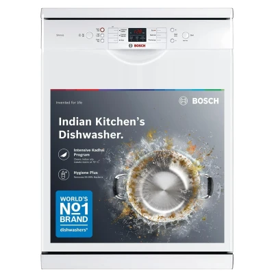 Bosch 13 Place Setting (fits up to 70 utensils) Free-Standing Dishwasher for Indian Utensils | Hygiene+ & Intensive Kadhai Program (SMS66GW01I, White, Inbuilt Heater, Removes 99.9% Germs)