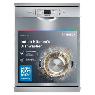 Bosch 13 Place Setting (fits up to 70 utensils) Free-Standing Dishwasher for Indian Utensils | Hygiene+ & Intensive Kadhai Program (SMS66GI01I, Silver Inox, Removes 99.9% Germs, Inbuilt Heater)