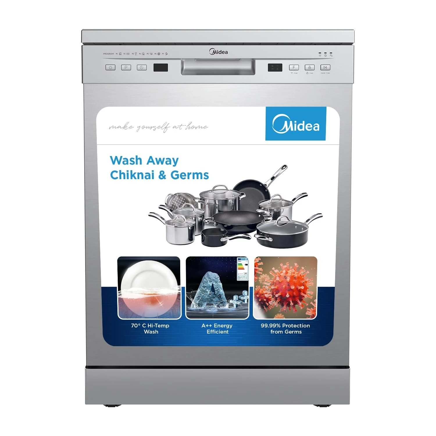 Midea 13 Place Settings Free Standing Silver Dishwasher | 7 Wash Programs | LED Display | Power Wash | Wi-Fi Enabled with Midea SmartHome App | Self Cleaning Function | MDWPF1301F(SS)-WG