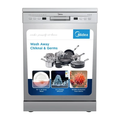 Midea 13 Place Settings Free Standing Silver Dishwasher | 7 Wash Programs | LED Display | Power Wash | Wi-Fi Enabled with Midea SmartHome App | Self Cleaning Function | MDWPF1301F(SS)-WG