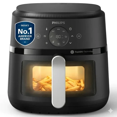 PHILIPS Air Fryer NA231/00 with touch panel, uses up to 90% less fat, 1700W, 6.2 Liter, with Rapid Air Technology (Black),Cooking window, Extra Large