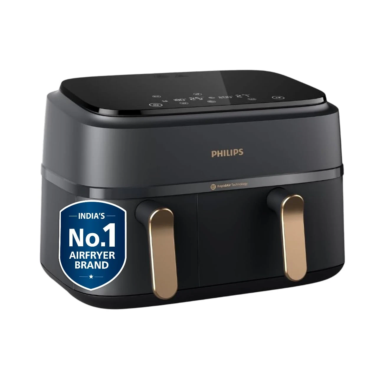 PHILIPS Air Fryer NA352/00 with Rapid Air Technology, 9L capacity, Dual basket (6L & 3L) for full oven tray cooking, 8 Preset Menus, Intuitive touch control, 90% less oil, 500+ Recipes, Extra Large