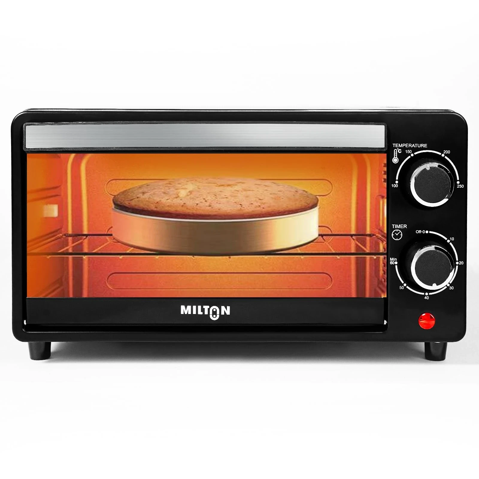 Milton 10L OTG Oven Toaster Griller for Kitchen | 800W | Royal Black Finish | Auto Shut-Off | 250Â°C Thermostat | Timer, Bell & Tempered Glass | Easy to Clean | Includes Grill Rack & Baking Tray