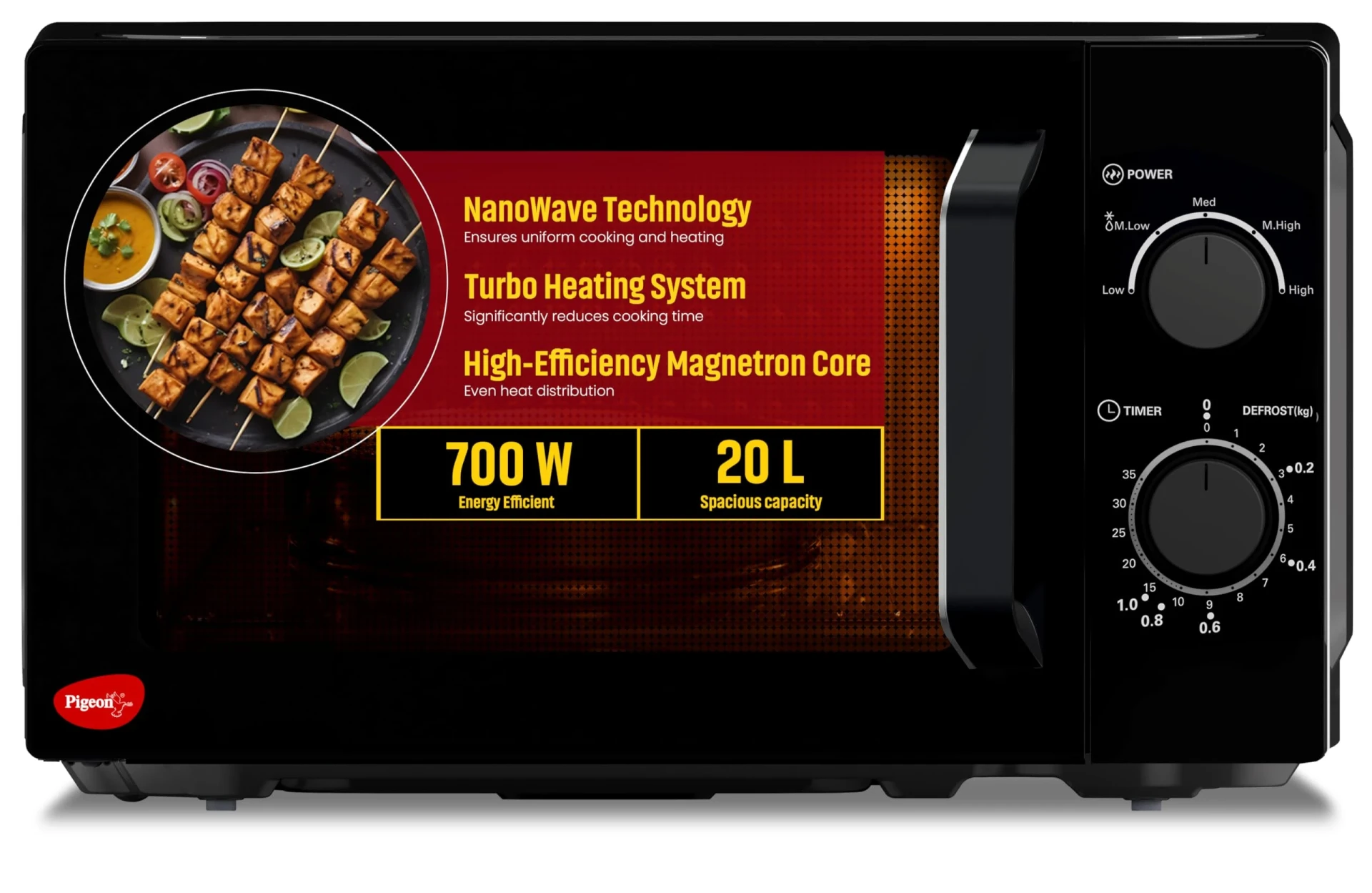 Pigeon 20L Nano Wave Solo Microwave Oven | 700 Watts | 5 power levels (Re-Heat, Pop, Cook, Steam, Defrost - SKSMWO20L) | Black