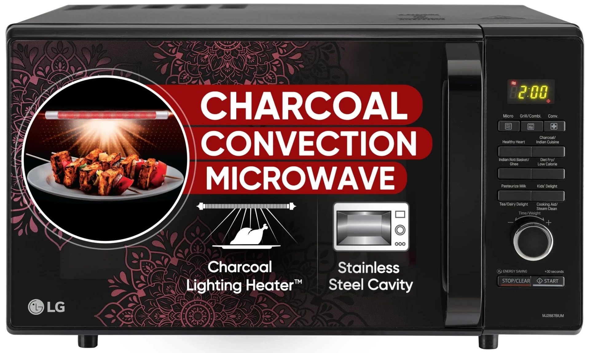 LG 28 L Charcoal Convection Healthy Microwave Oven (MJ2887BIUM, Black, Healthy Heart Recipes, Diet Fry, Pasteurized Milk, 360Â° Motorised Rotisserie & 10 Years of warranty on Charcoal Heater)