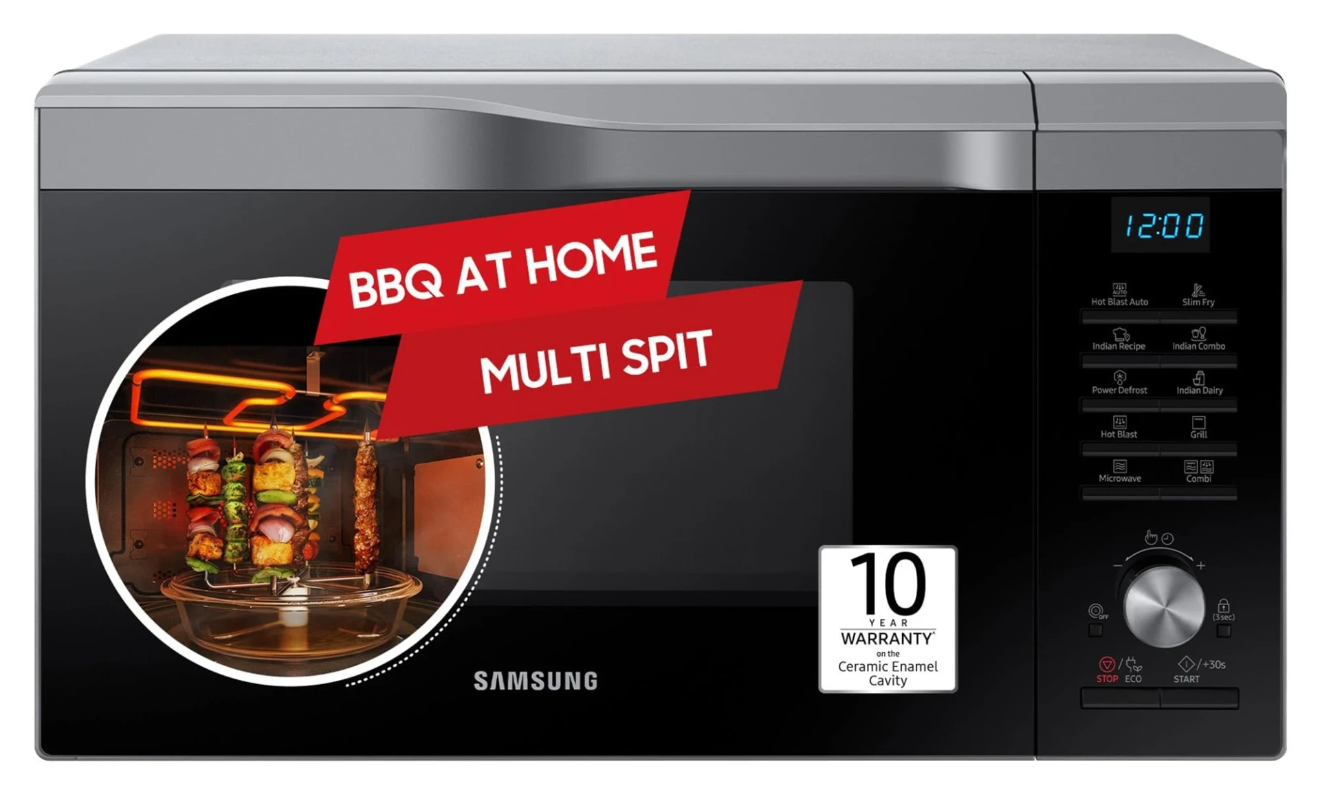 Samsung 28L Multi Spit, Convection Microwave Oven (MC28A6035QS/TL, Silver, Various Cooking Modes, Eco Mode, Hotblast, Crusty Plate, Wire Rack, Slim Fry, Ceramic Enamel Cavity with 10 year warranty)