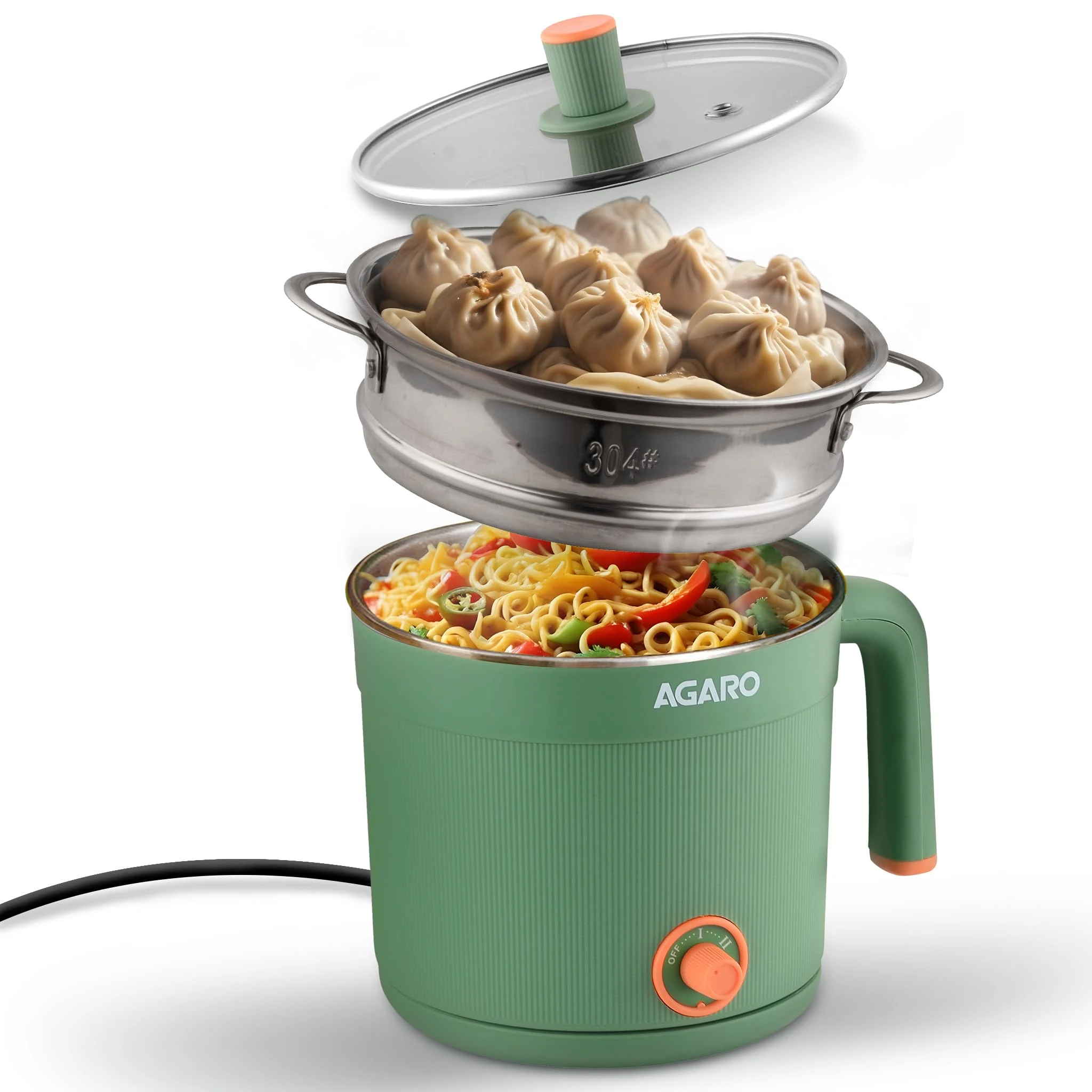 AGARO Regency Multipurpose Kettle With Steamer, 1.2L Inner Pot, Double Layered Body, Variable Temperature Settings, Wide Mouth, Boiling, Steaming, Tea, Coffee, Egg, Vegetable Boiling, 600W, Sea Green