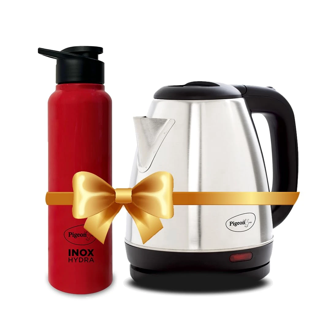 Pigeon 1.5 litre Hot Kettle and Stainless Steel Water Bottle Combo used for boiling Water, Making Tea and Coffee, Instant Noodles, Soup with Auto Shut- off Feature, 1300 W — VK Furniture & Electronics | VK Furniture Mangalore