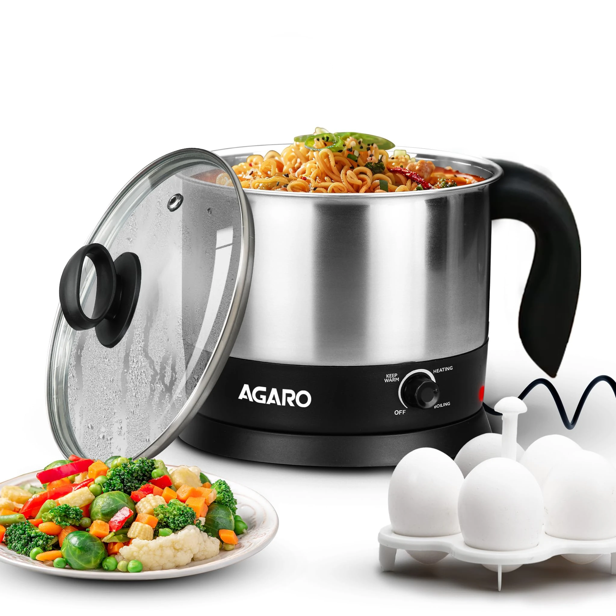 AGARO Esteem Electric Multipurpose Kettle 1.2L, 600W, with Stainless Steel Body, Egg Rack, Grill Rack, 3 Heating Modes & Rapid Boil Technology, Boiling Water, Tea, Coffee, Oats, Noodle, Soup, Black — VK Furniture & Electronics | VK Furniture Mangalore