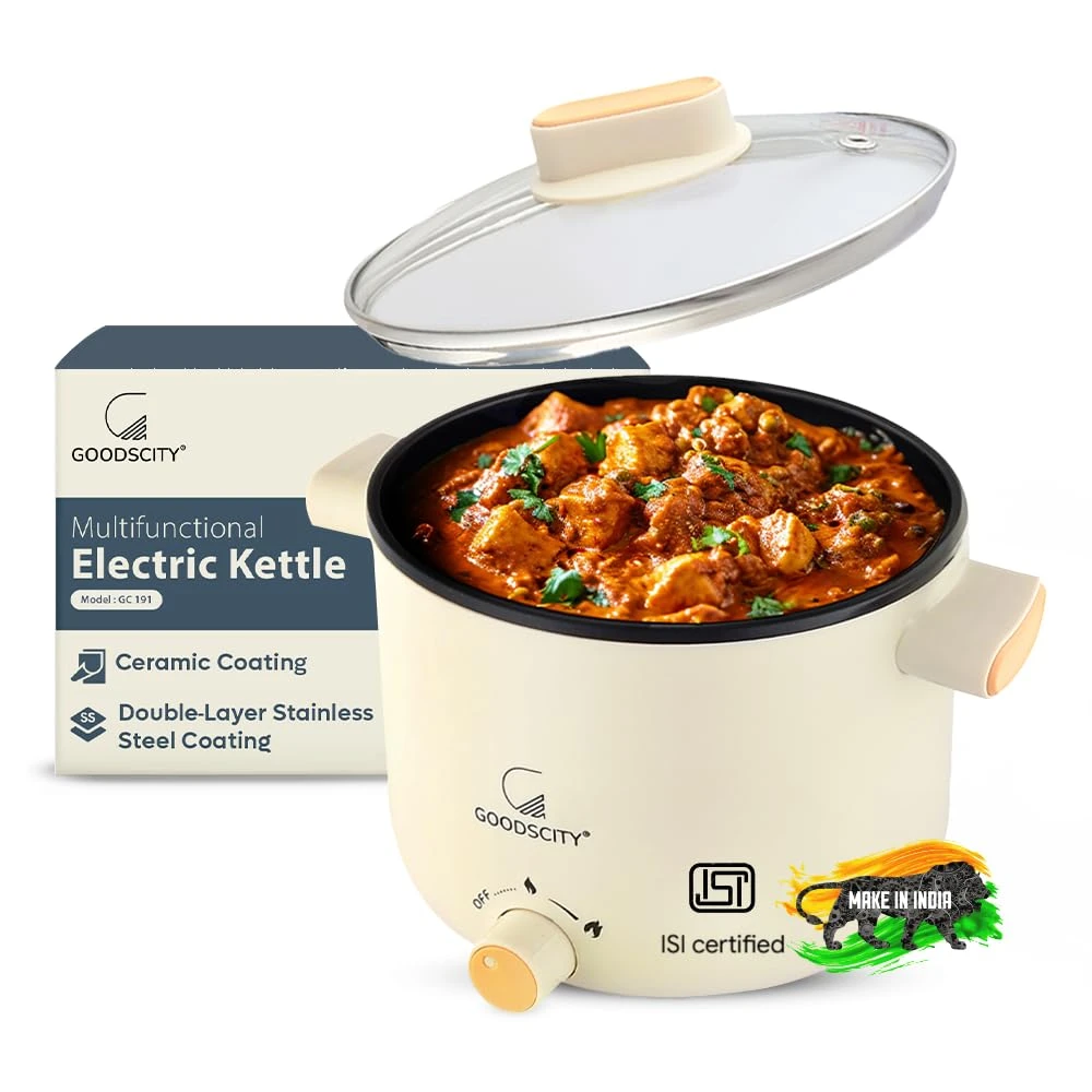 Goodscity Multipurpose Electric Kettle with Ceramic Coating 1.2L| Multi Cooker Kettle Boil, Steam, Fry, Saute|Multi Cook for Water, Egg, Tea,Soup,Coffee,Babyfood| Hostel,Travelling| 600W|1Year Waranty — VK Furniture & Electronics | VK Furniture Mangalore