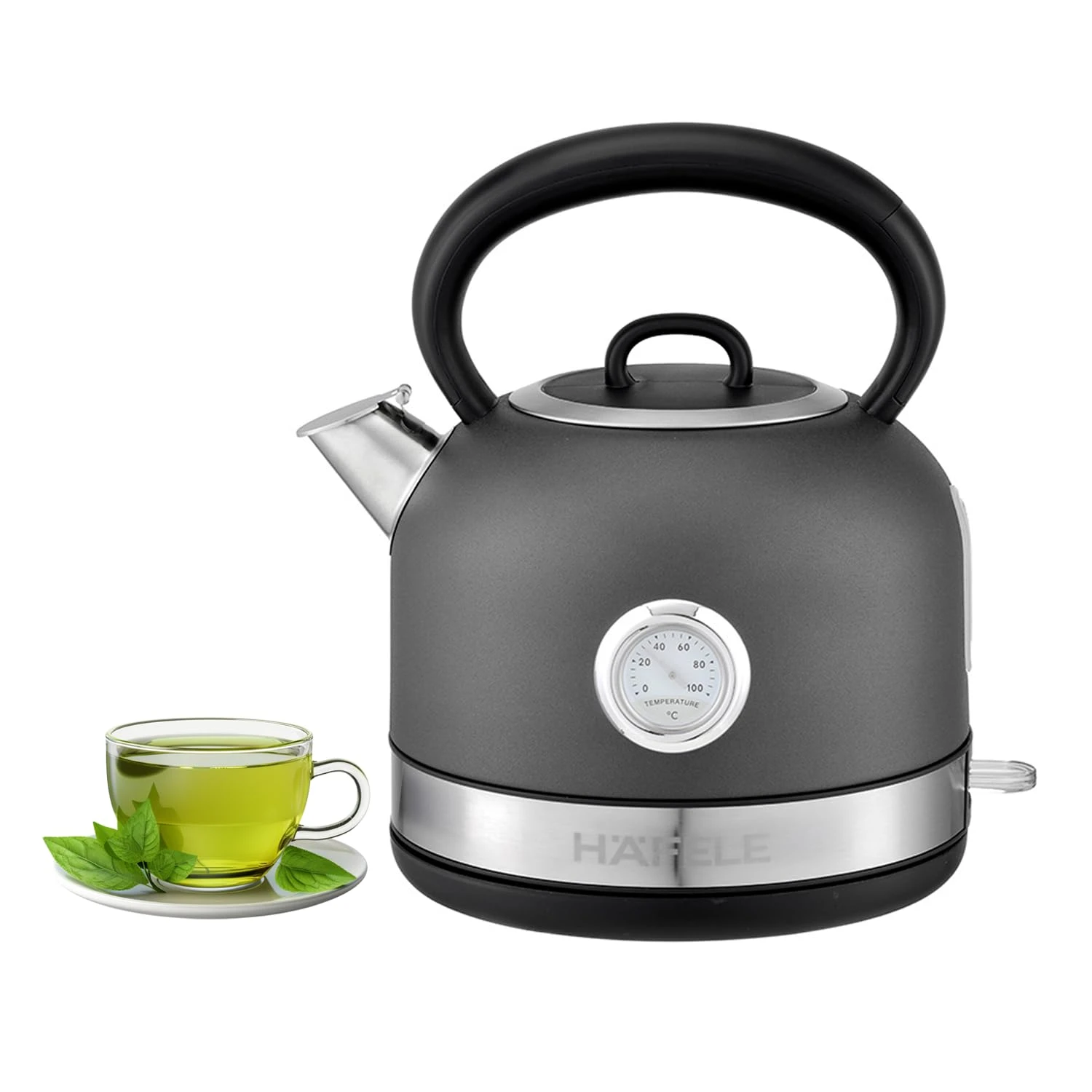 Hafele Dome Plus 2200W, 240V Electric Stainless Steel Kettle with Spout Cover with Analogue Temperature Display, Detachable Micro-Mesh Filter for Lime Scale Filtering, Easy Cleaning (1.7 L, Grey)