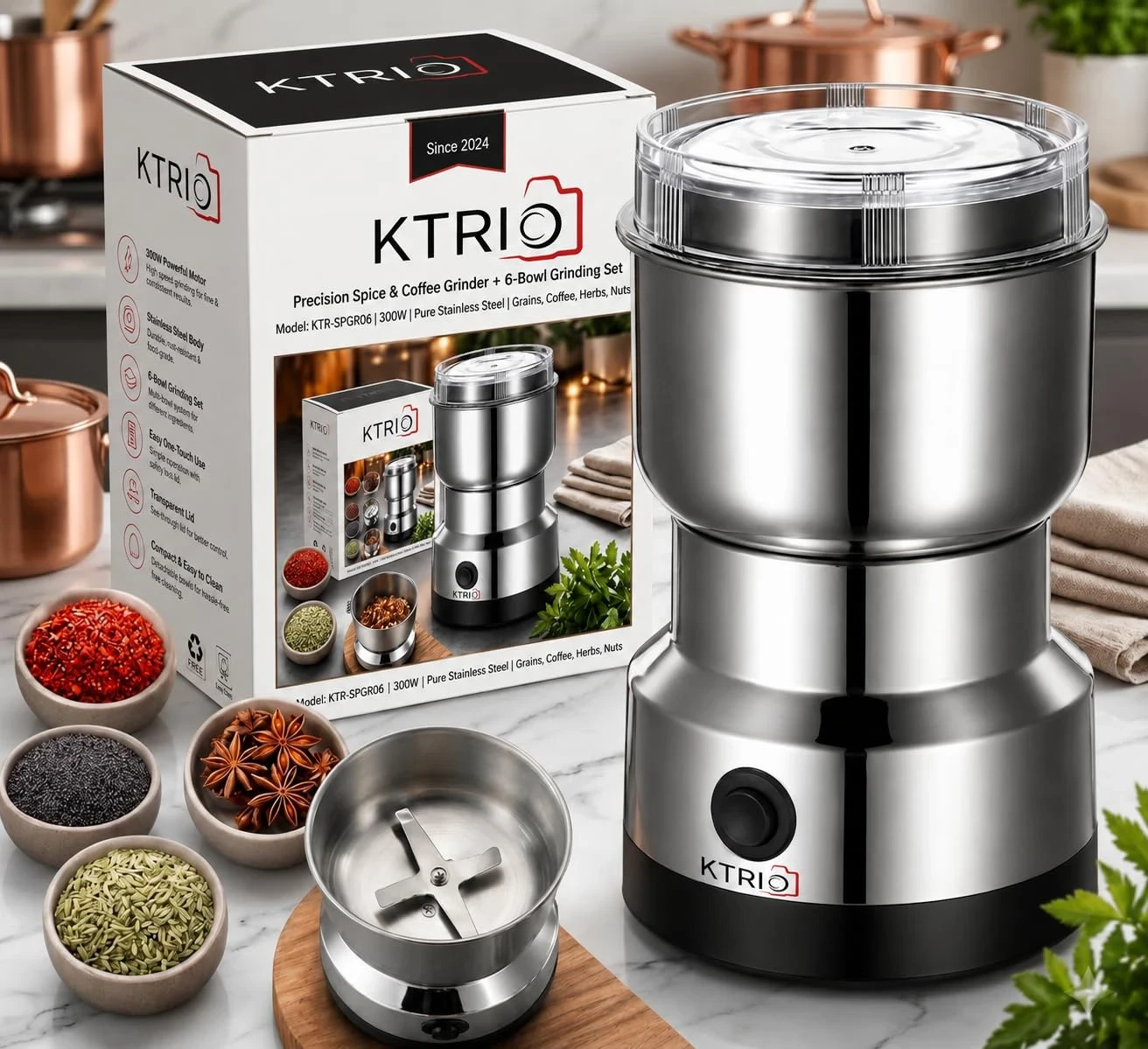 KTRIO Nima Mixer Grinder Smash Machine Stainless Steel Multifunctional Electric Grinder & Chopper Dried Spice Hurbal Masala Coffee Beans, Nuts & Grains, Household Mixer, Powerful Motor Blender