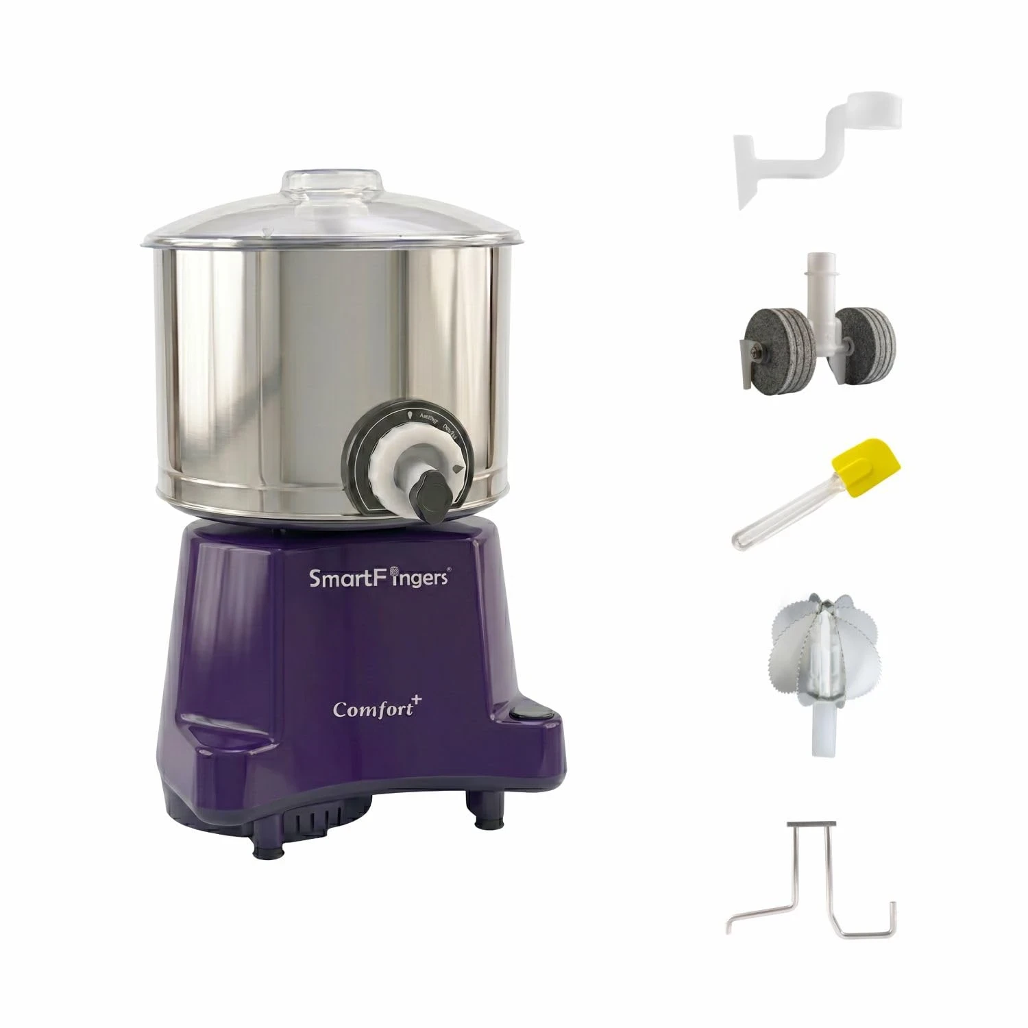 SmartFingers Comfort + Table Top Wet Grinder 230V, 3 Liter, Violet with Coconut Scrapper & Atta Kneader Attachment | Hands-Free Batter Dispenser | Top Wiper, 220W Motor | 5 Years Warranty | AISI 304