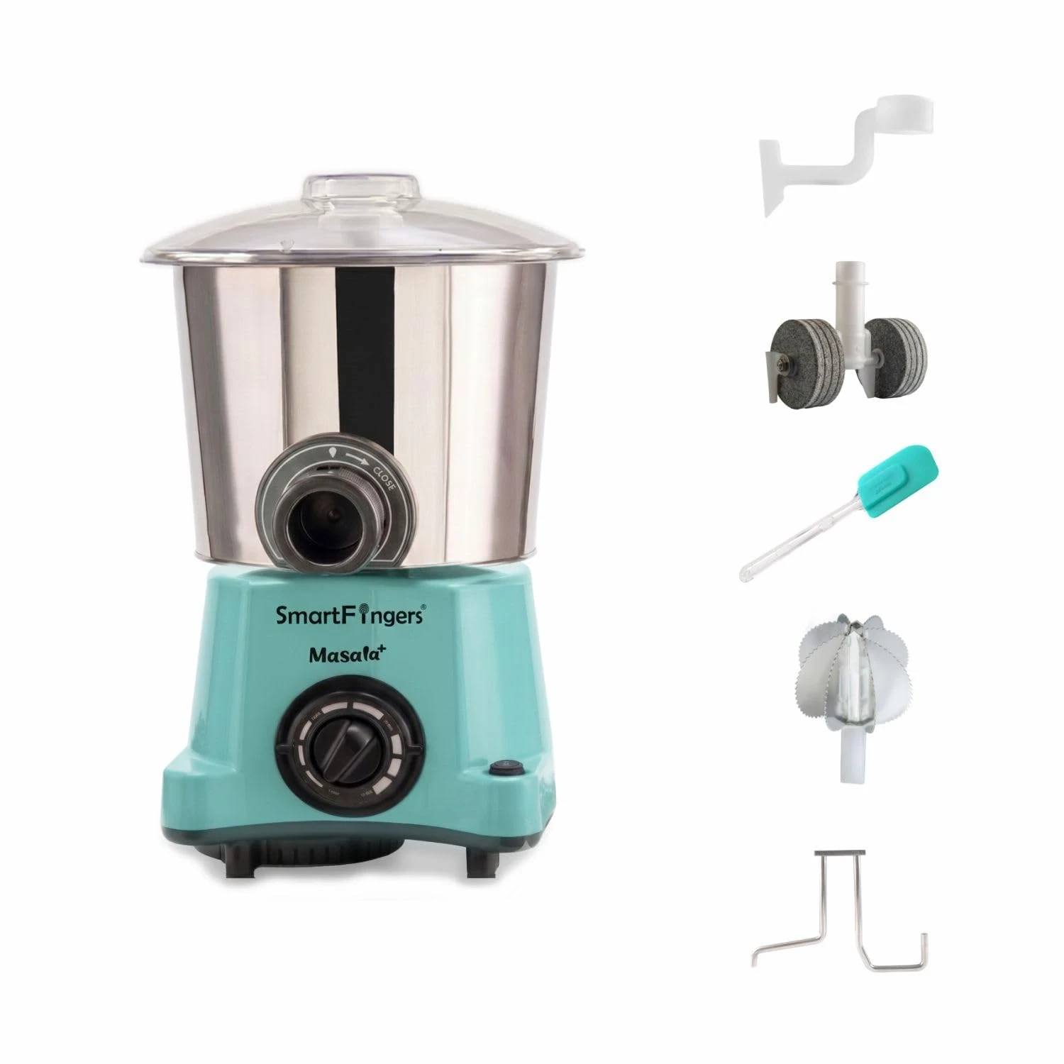 SmartFingers Masala + Table Top Wet Grinder 230V, 3 Liter, Green with Coconut Scrapper & Atta Kneader Attachment | Hands-Free Batter Dispenser | Top Wiper, 220W Motor | 5 Years Warranty | AISI 304