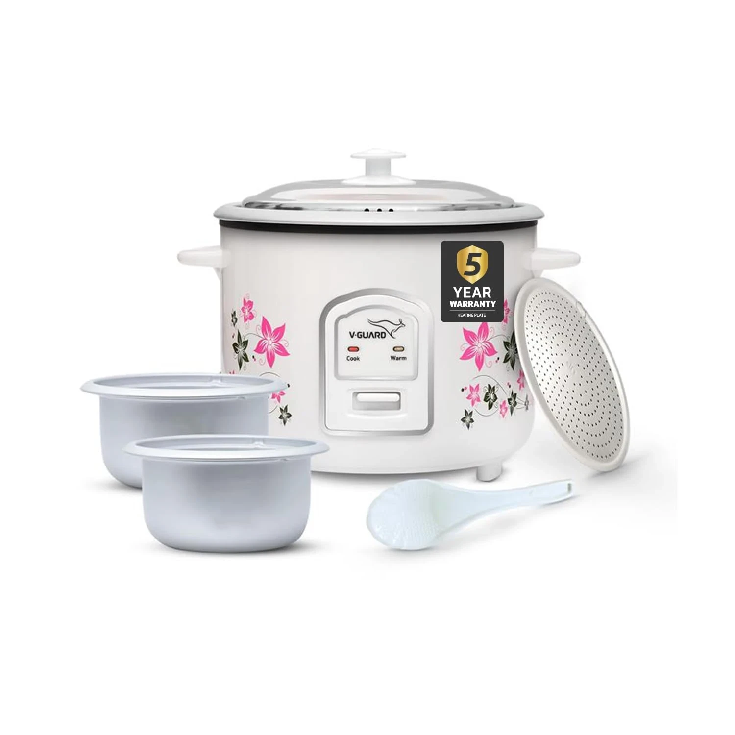 V-Guard VRC 1.8-Litre Electric Rice Cooker with 700 W Power, 2 Pots, Spatula, Rice Separator 5-Yr Heating Plate & 2-Yr Product Coverage Automatic Cooking with Double-Layered Body & Cool Touch Handles