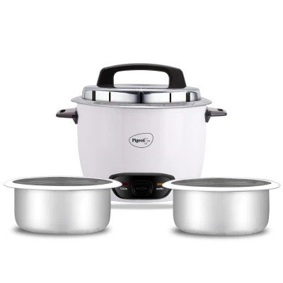 Pigeon by Stovekraft Joy Rice Cooker with Double pot, 1 litres. (White) | Toughened Glass Lid | 400 Watts | 2 Aluminium Cooking Pots | Measuring Cup| Spatula | Energy Efficient Cooking