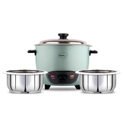 Pigeon Inox Rice Cooker with Double pot, 1.8 litres | Stainless Steel Lid | 700 Watts | 2 Steel Cooking Pot | Measuring Cup | Spatula | Energy Efficient Cooking