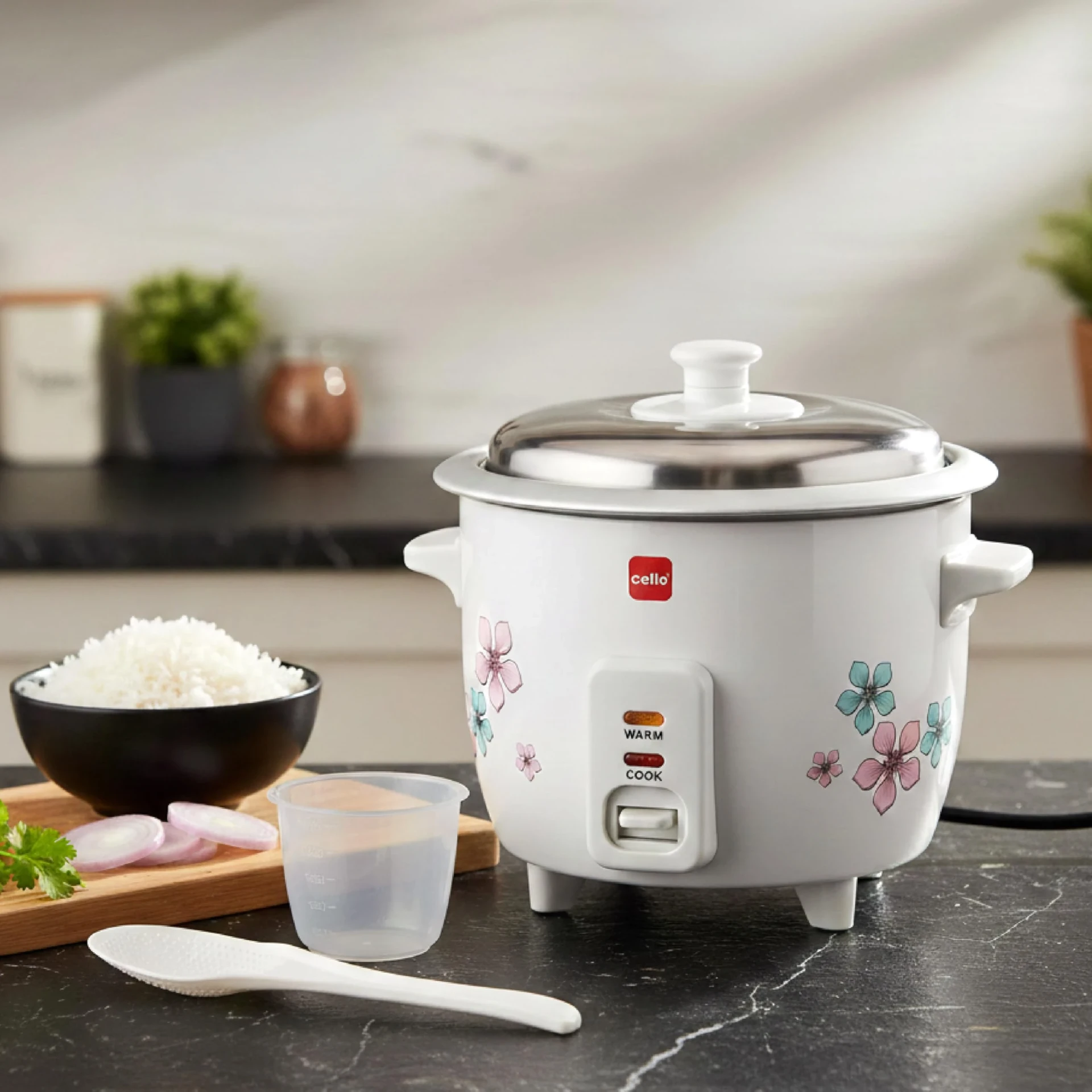 CELLO Iris Electric Rice Cooker with Single Pot 600ml White | 300W Power, Removable Aluminium Non-Stick Bowl with SS Lid, Cool Touch Handle, One Touch Automatic Warm Function, For Rice, Pulao & Maggi