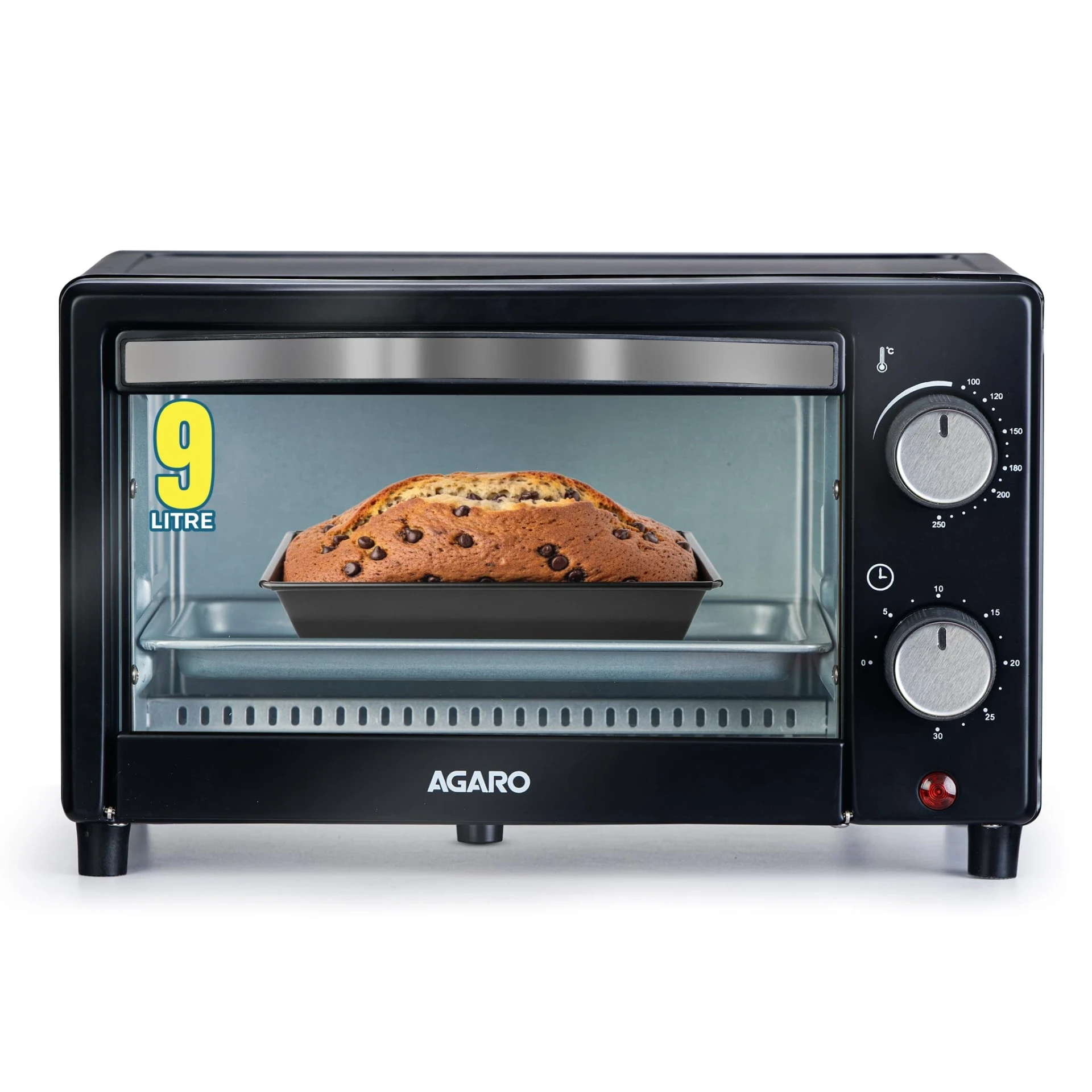 AGARO Marvel 9L OTG Oven 800W, Compact Toaster Griller for Baking, Toasting & Grilling, Adjustable 100Â°C-250Â°C, 30-Min Timer with Ready Bell, Auto Shut-Off, Tempered Glass Door, Bake Pan, Tong & Rac