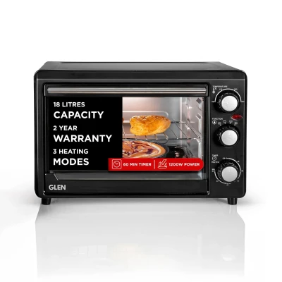 Glen Multi Function OTG for Kitchen, 18 Litre, 1200W, Oven Toaster Griller with 3 Heating Modes, Adjustable Temperature & Timer, Crumbs Tray & Rack, Bake, Grill & Toast, 2-Year Warranty- Black SA5018