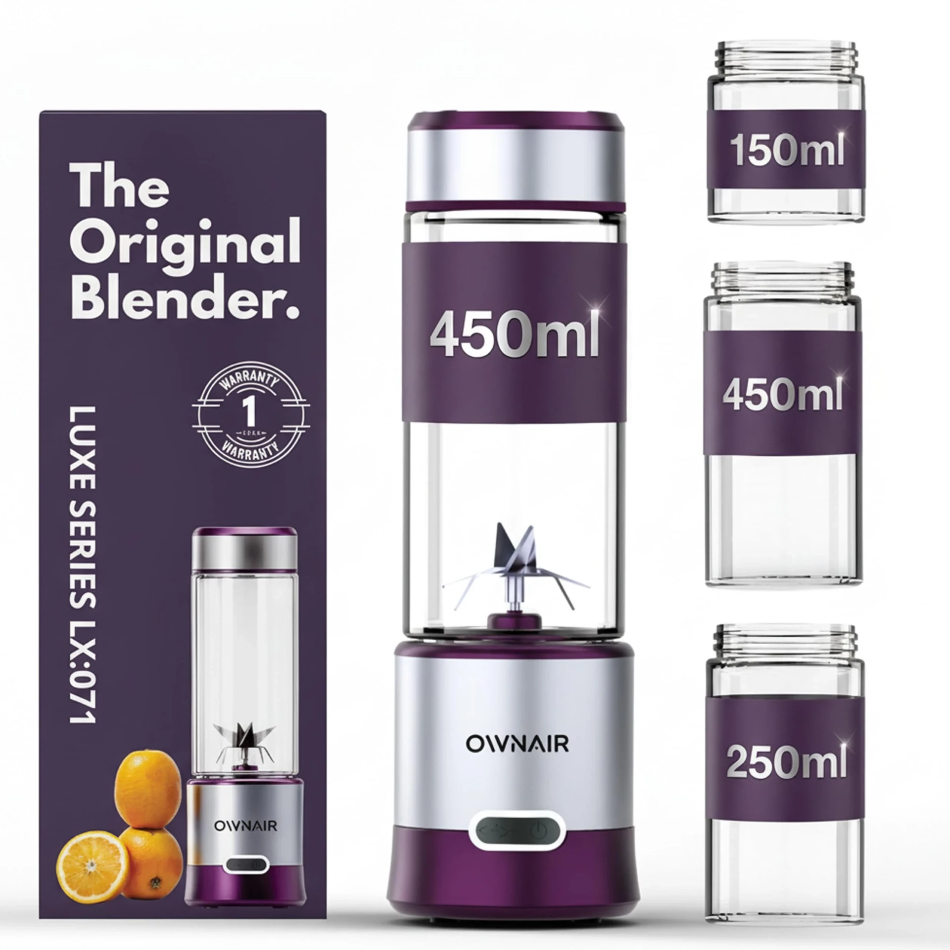 OWNAIR Portable Blender | 180W 5000mAh Rechargeable Blender For Smoothies And Juices |BPA free 450ml + 250ml &150ml High Borosilicate Glass Jar Purple/Grey | Blend Fresh Smoothies Anywhere, Anytime
