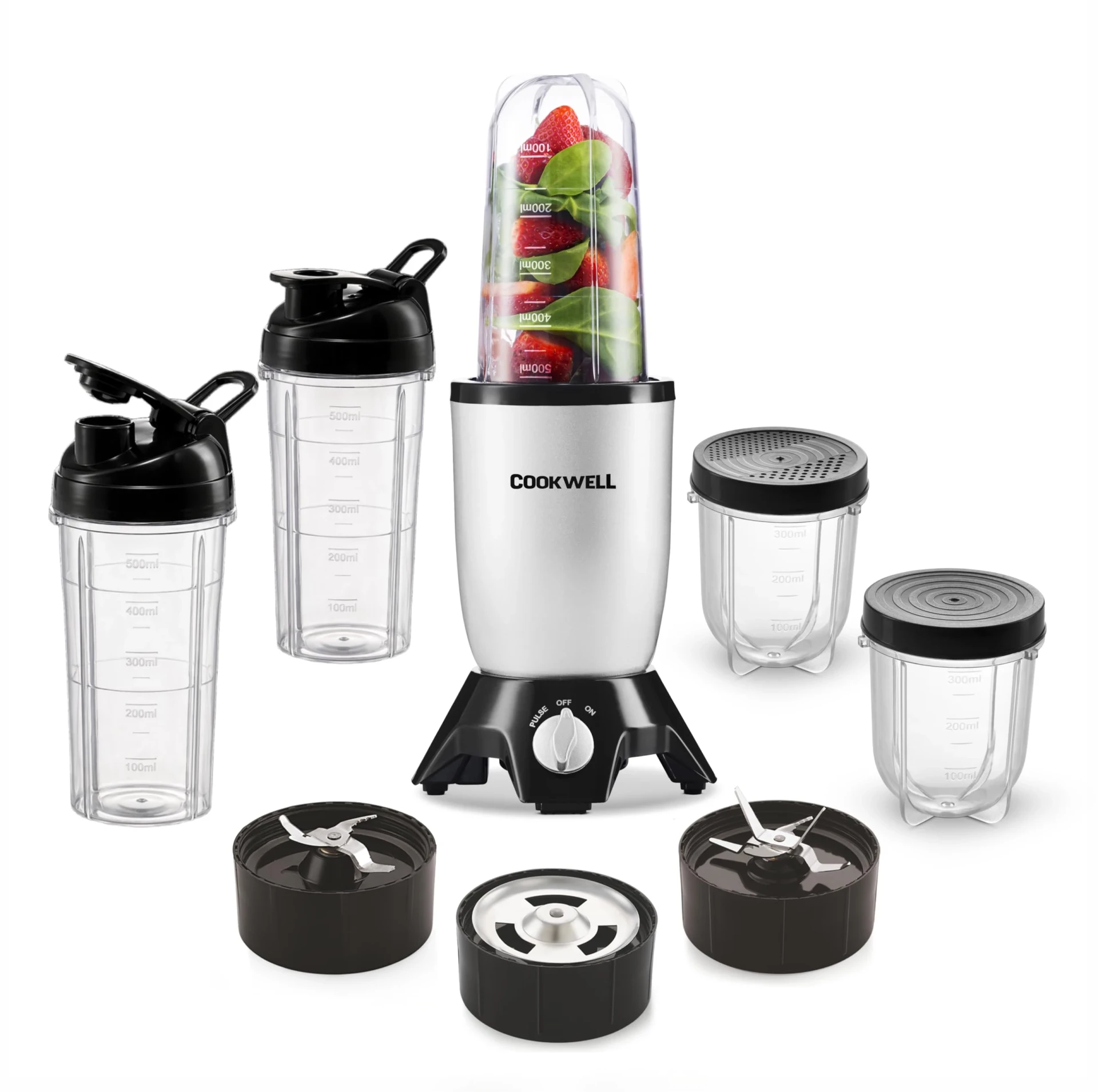 Cookwell Bullet Mixer Grinder (5 Jars, 3 Blades, Silver) - Copper, 600 Watts - 2 Year Warranty