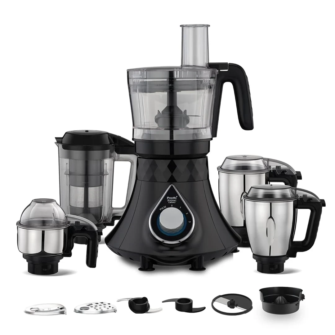 Preethi Zodiac Cosmo 750 Watts Mixer Grinder, 5 Jars (1 Food Processor Jar, 3 Stainless Steel Jars, Juicer Jar),Atta Kneading,Cube Cutting,Powerful Grinding,2 Year Warranty,Lifelong Free Service,Black