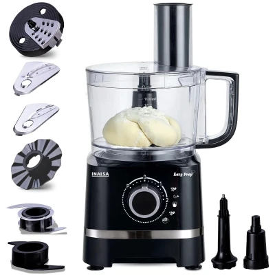 INALSA Food Processor with Atta Kneader 800 Watts|1.4L Processing Bowl7 Accessories including Dough Maker Electric Chopper,French Fry Cutter,Slicer,Shredder,Meat Mincer Dough Maker Machine (Easy Prep)