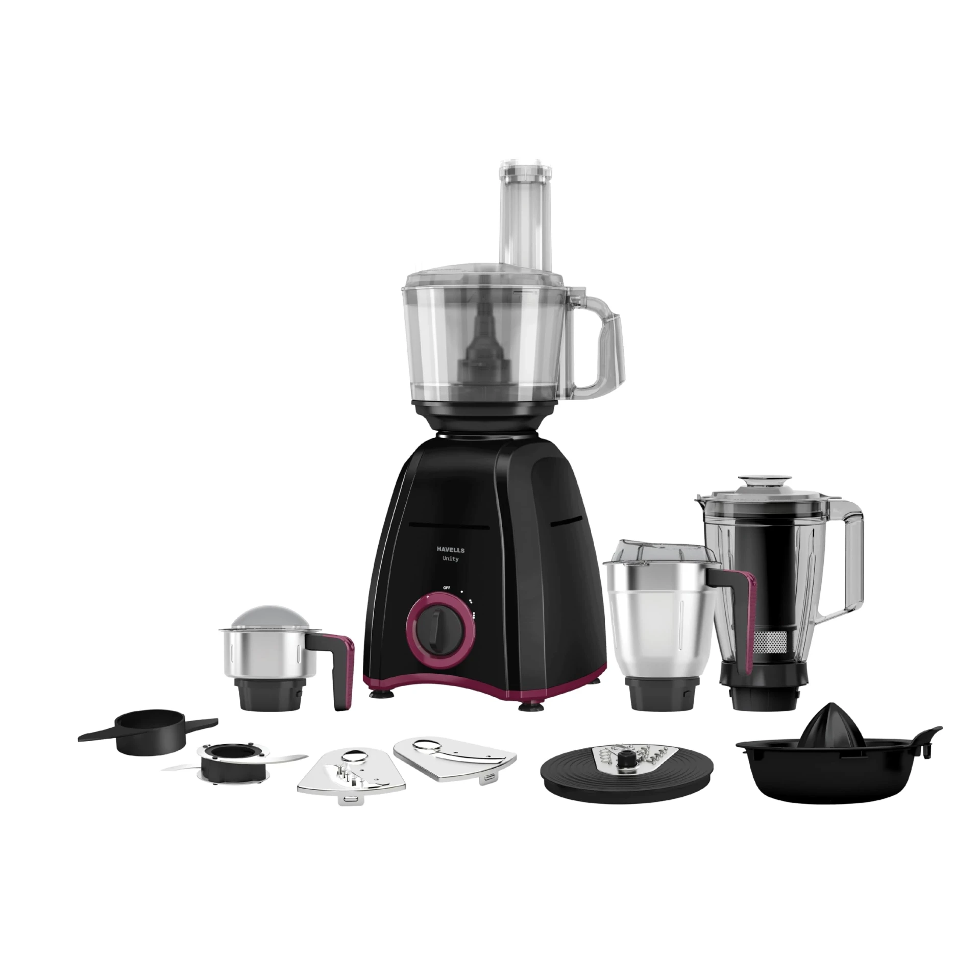 Havells Unity 750W Food Processor | 4 Jars â€“ Juicer, Mixer, Grinder & Chopper (All-in-One) | Compact Design | 3 Speed Control + Pulse| For Dry & Wet Grinding| 2 Years Door Step Warranty by Havells