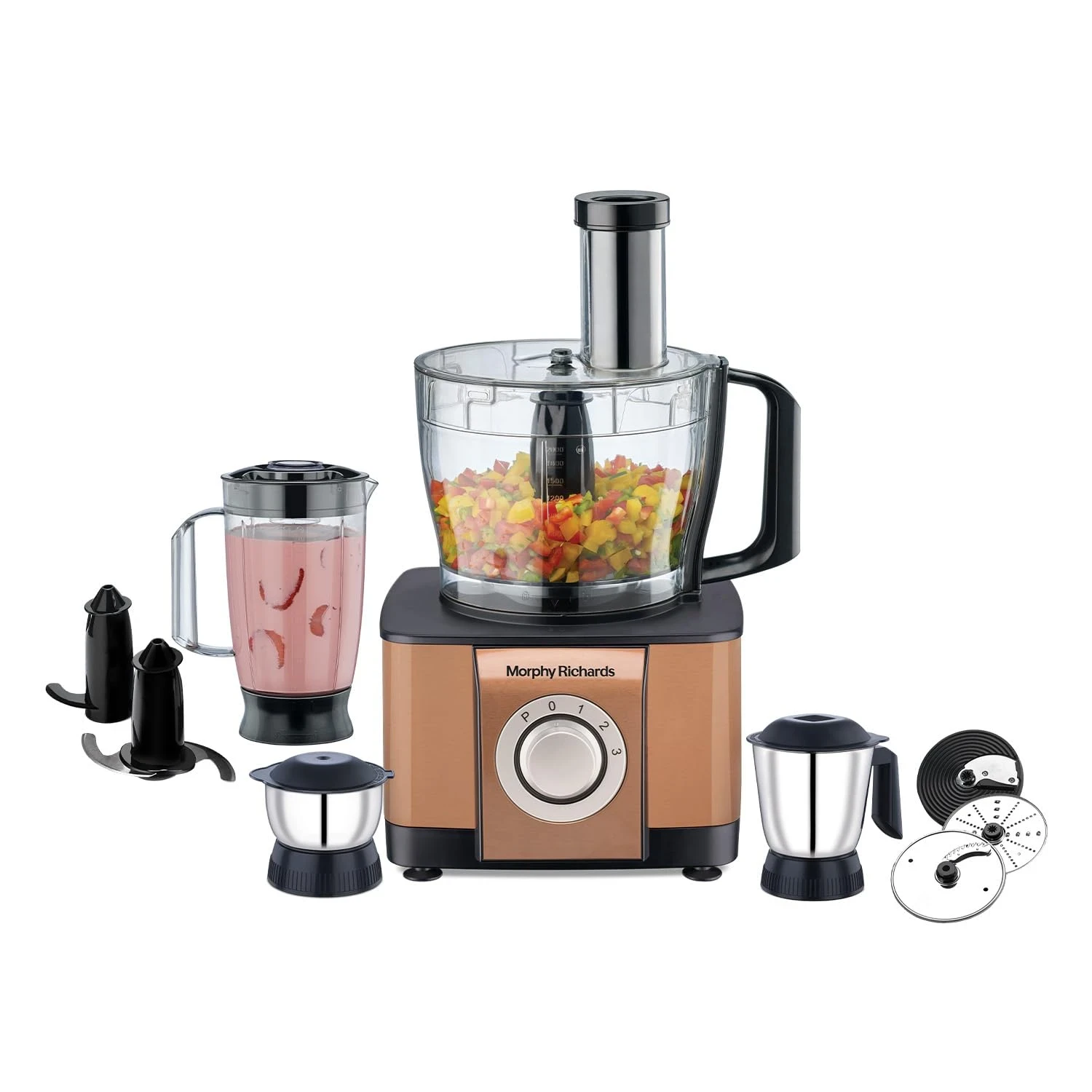 Morphy Richards Icon Superb Food Processor 1000W | 3.2L Bowl | 2 SS Jars + 1 Juicer | 11 Attachments: Kneader, Chopper, Slicer, Shredder, Fry Cutter | Quadra Flow | 2 Year Warranty | ã€Glazing Copper