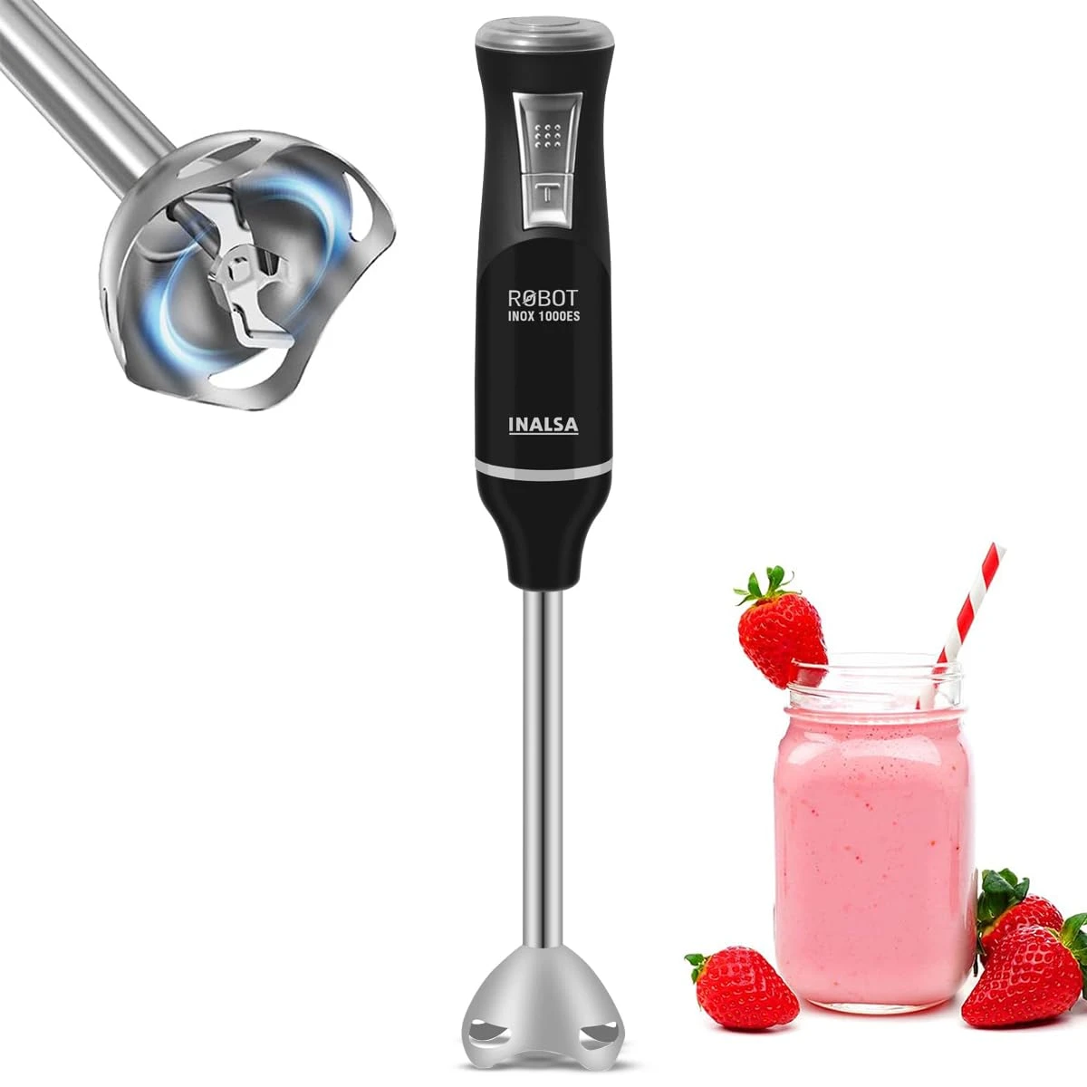 INALSA Hand Blender Mixer|1000W DC Motor|Low Noise|20 Speed Control with Turbo Function|BPA Free|Stainless Steel Rod & Blades|Detachable Stem For Cleaning and storage|2 Yr Warranty, Robot Inox 1000ES