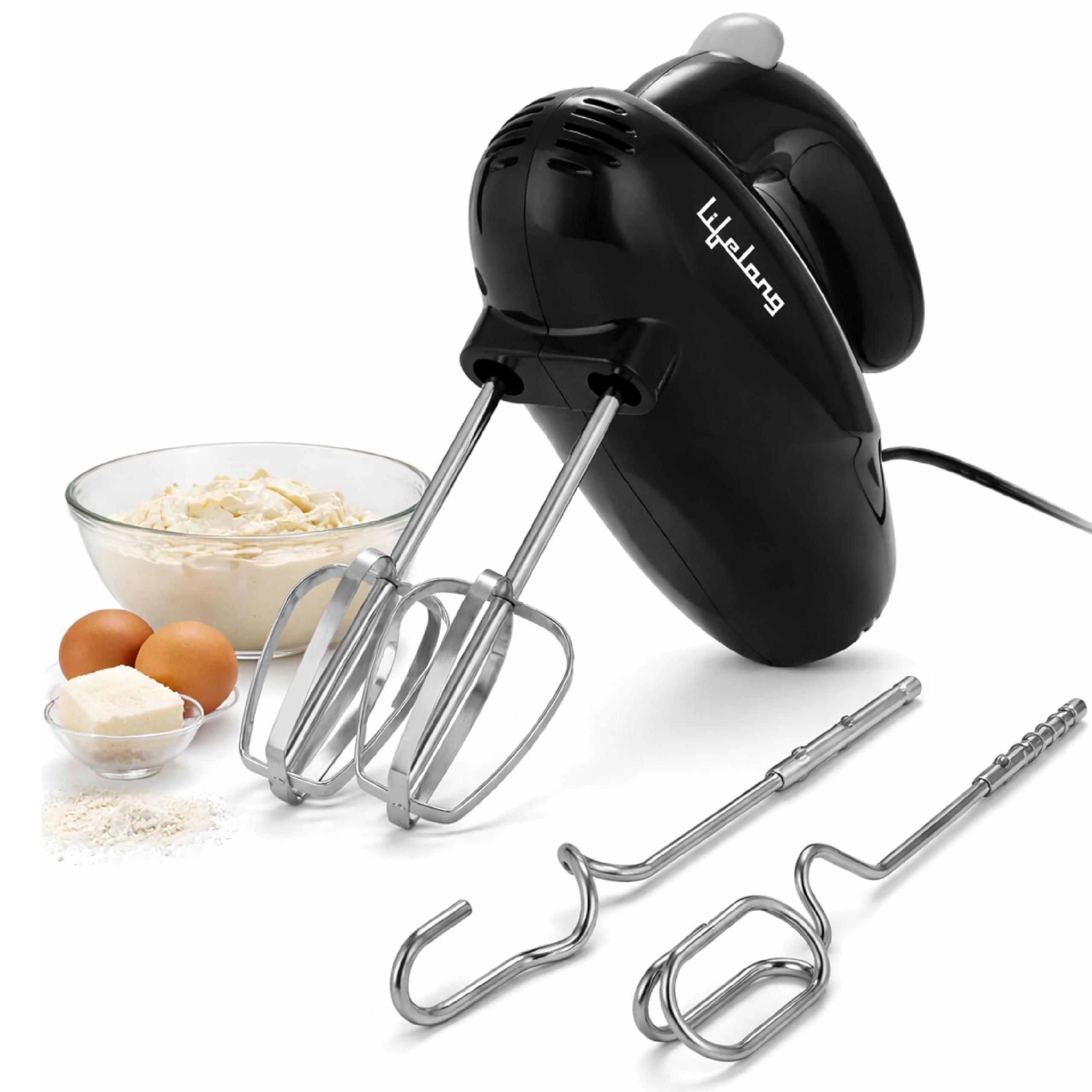 Lifelong Electric Hand Mixer for Baking, Whipping & Kneading | 250 Watt Power Mixer | 5-Speed Control | Stainless Steel Accessories | 2 Beaters & 2 Dough Hooks | Quick Eject Button | Auto Shut-Off