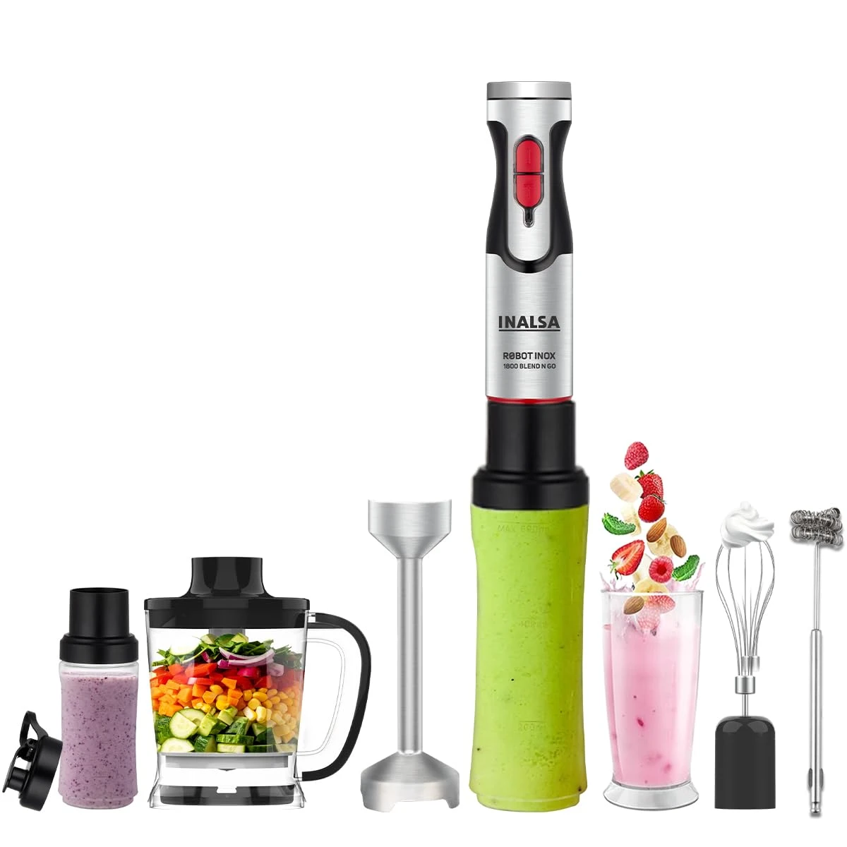 INALSA Nutri Blender with Hand Blender Attachment|1800W DC Motor|20 Speed Control + Turbo Speed|Chopping, Whisking,Frothing & 2Ready To Go Bottles|SS Blades & Rod|2 Yr Warranty|1800 Blend N Go — VK Furniture & Electronics | VK Furniture Mangalore
