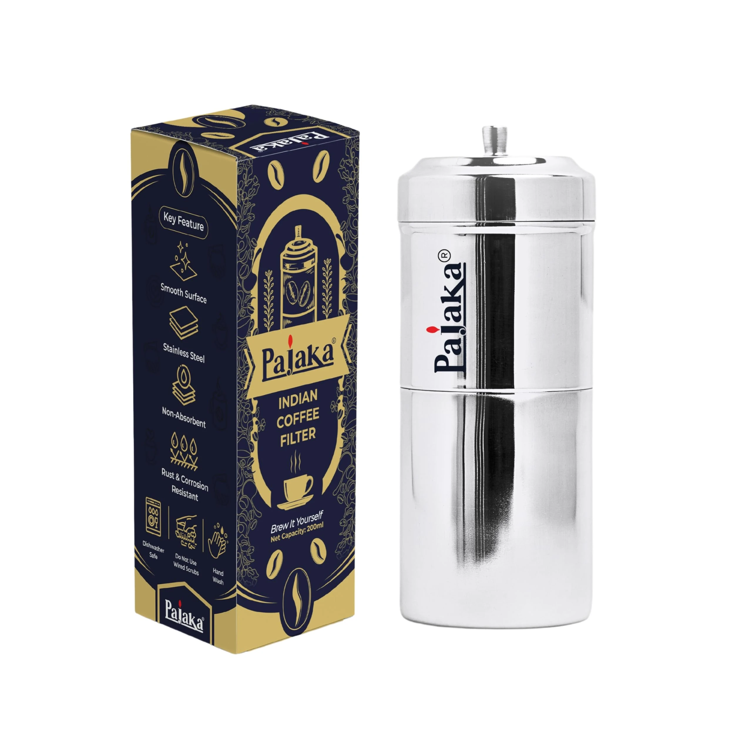 PAJAKA South Indian Filter Coffee Maker - 200 ML Capacity, Stainless Steel Madras Kaapi Kappi Drip Decoction Coffee Brewer, Medium Size for 2-4 Cups, Home & Kitchen