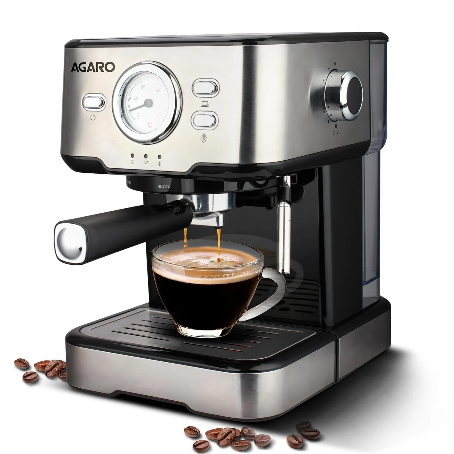 AGARO Imperial Espresso Coffee Maker Machine For Home, 15 Bar, 1100 W, Adjustable Milk Frothing Wand & Double Temperature Control System, Espresso, Cappuccino, Latte, Mocha, Cold Coffee