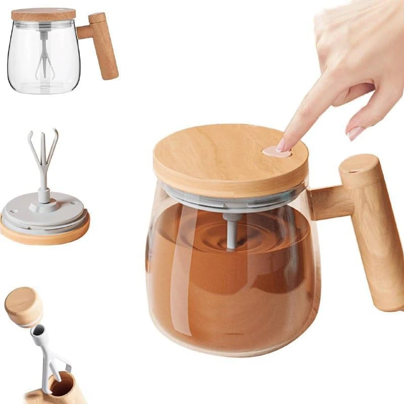 Self Stirring Mug with Lid | Electric Coffee Frother Mug | Automatic Milk & Coffee Mixer with Glass Jar & Wooden Handle | USB Rechargeable | Cappuccino, Latte, Protein Shake & Hot Chocolate Maker