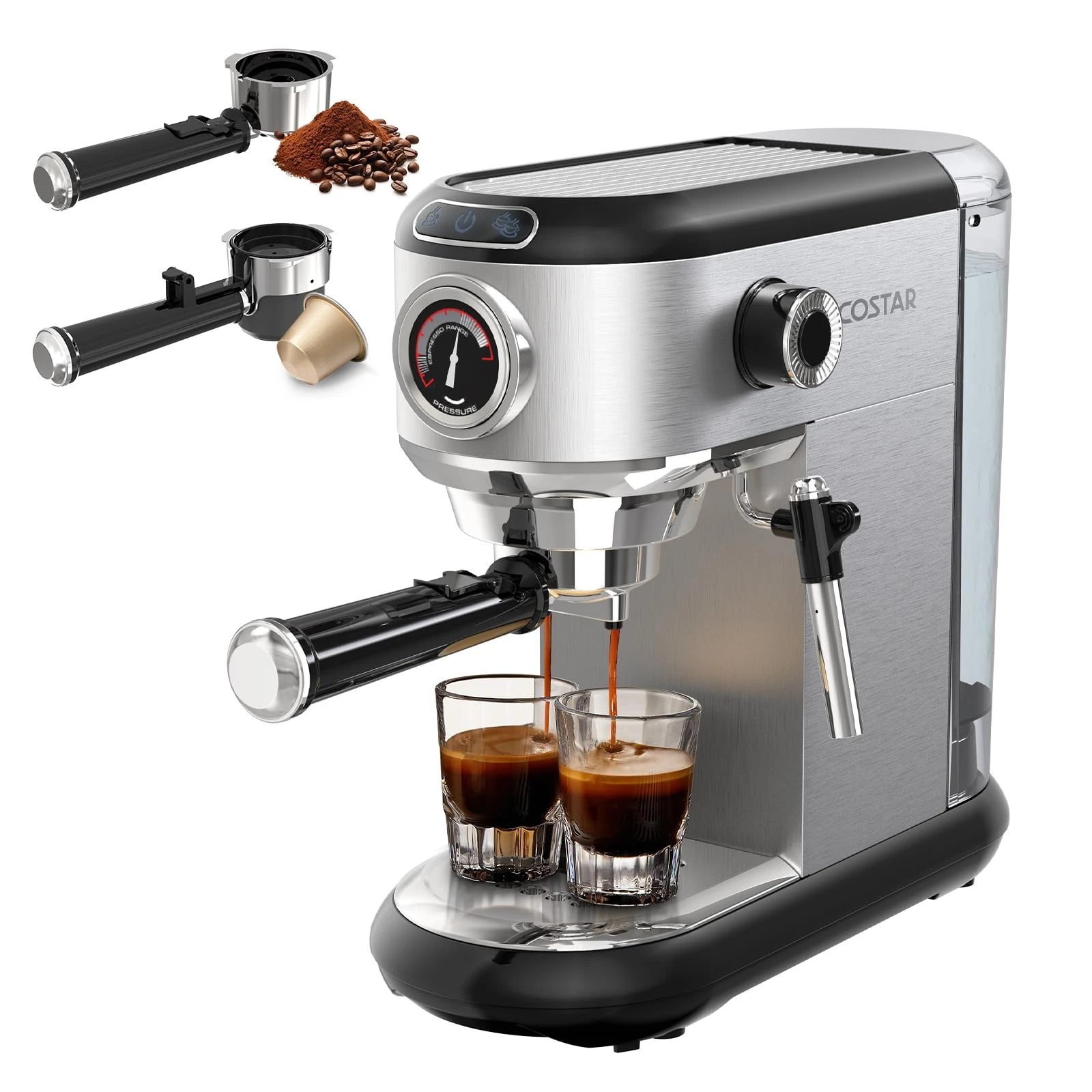 COSTAR Coffee Maker Machine for Home with Two Portafilters for Ground Coffee & Capsules, 20 Bar Barista Style Espresso Machine with Milk Frothing Wand for Cappuccino, Latte, Stainless Steel, 1450W