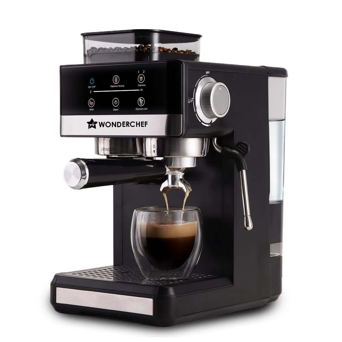 Wonderchef Regalia Espresso Machine & Coffee Grinder, 20-bar Pressure, Café-Style Espresso with Freshly Ground Beans, Hot & Cold Brew, 20 Grinding Options, 2-Yr Warranty