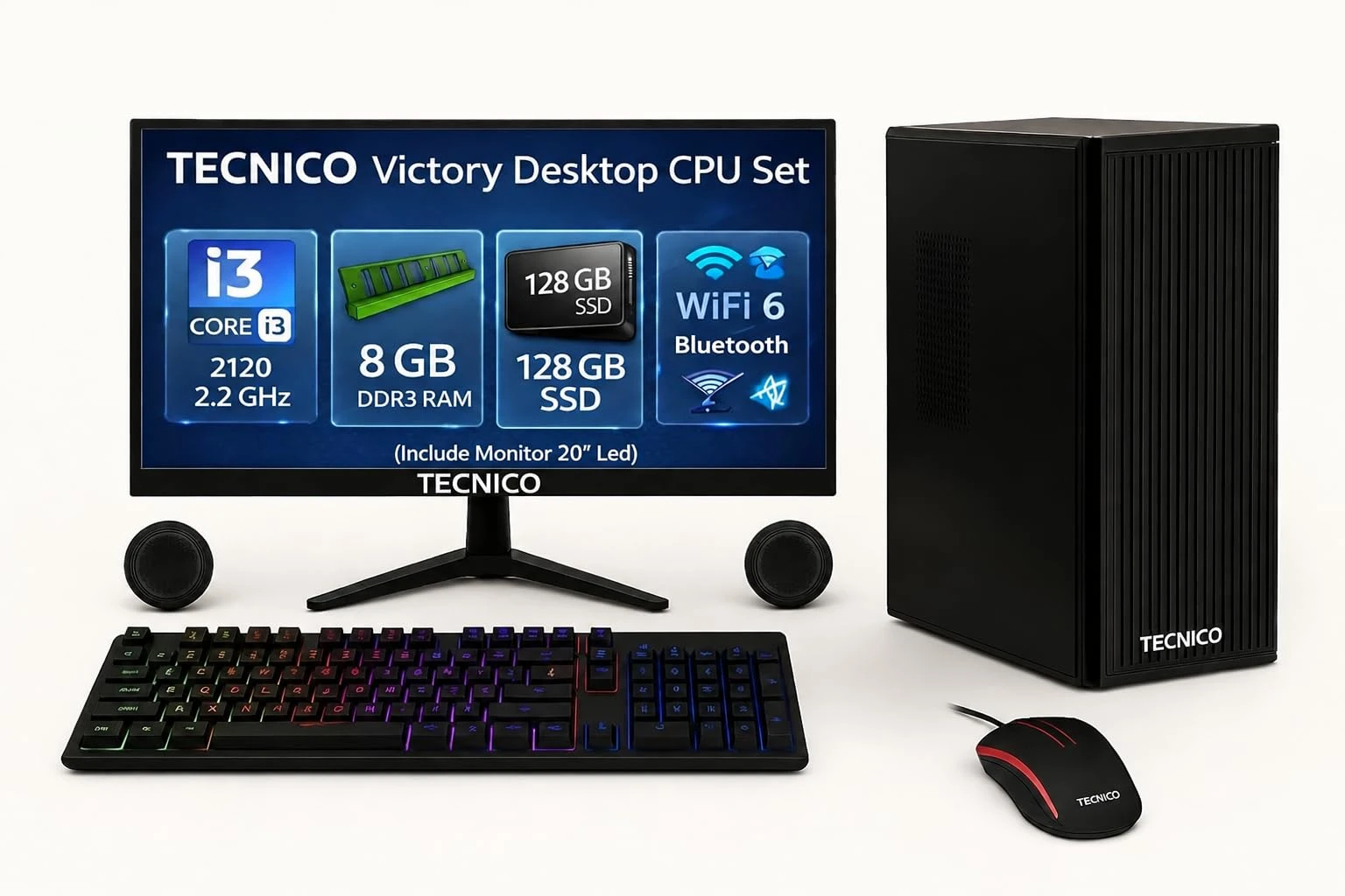 TECNICO Victory Desktop CPU Set, Core I3 2120 2.2GHz, 8 GB DDR3 RAM, 128 GB SSD, RGB Keyboard Mouse Set, WiFi 6, Bluetoot...