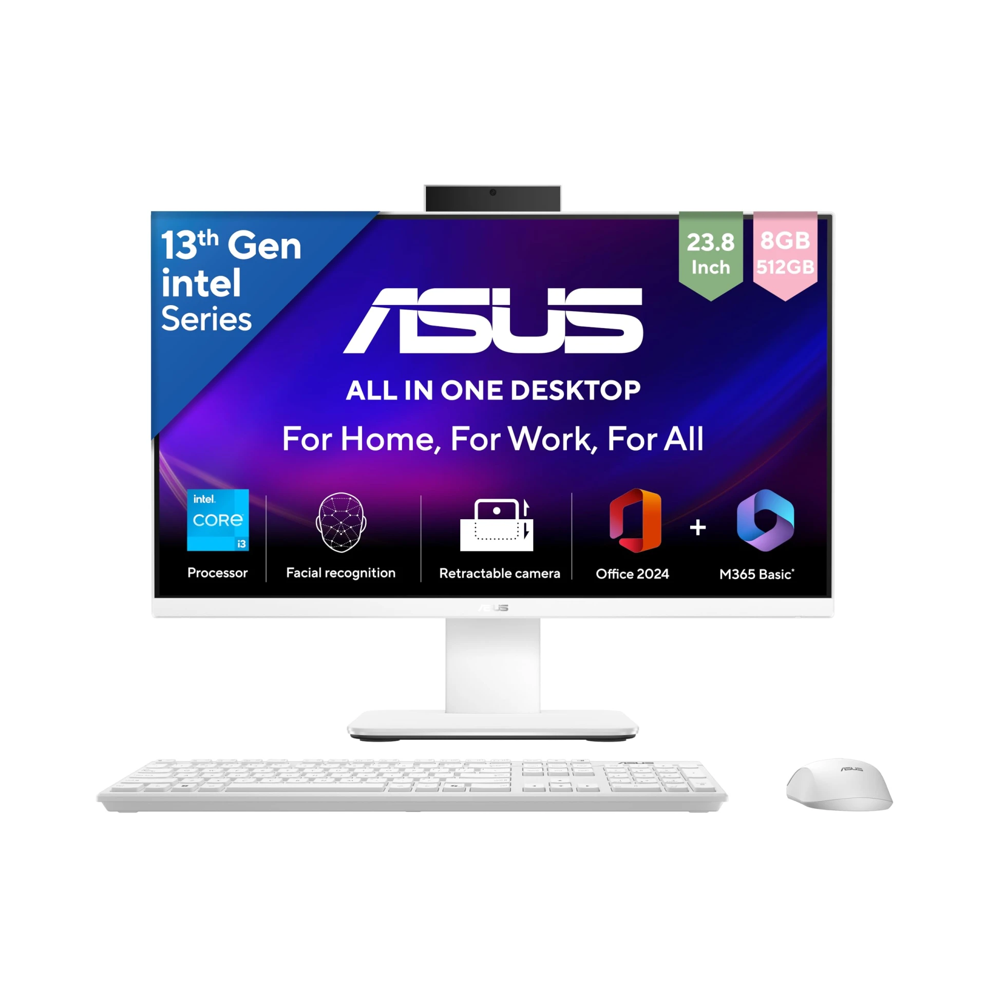 Asus AiO V440,13th Gen Intel Core i3-1315U,23.8" FHD,100Hz,All-in-One PC(8GB RAM/512GB SSD/Windows 11/Office 24/Retractabl...