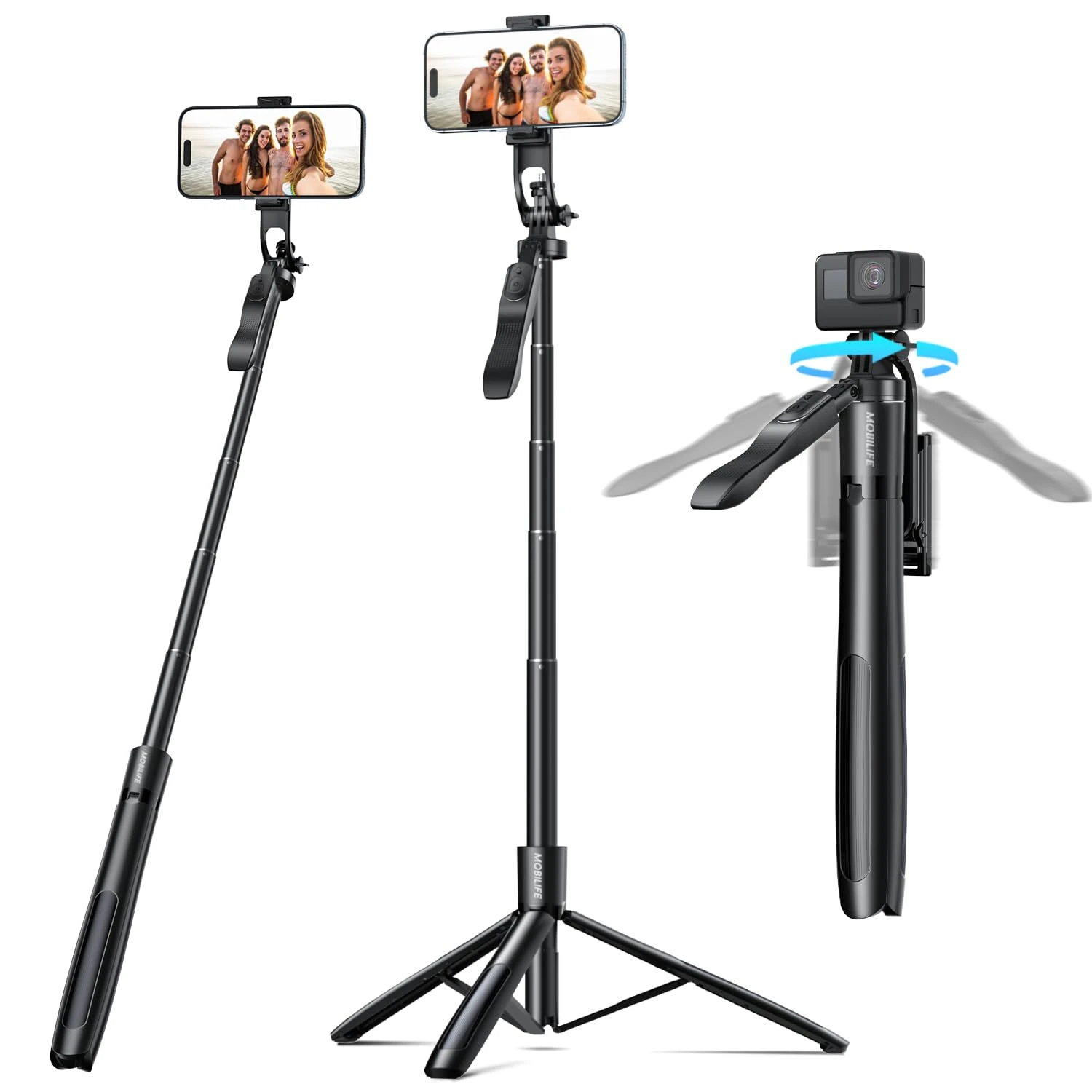Mobilife Long Selfie Stick Tripod 360° Rotation Balance Handle 62" Extended Mobile Tripod Aluminum Bluetooth Remote 3 in 1...