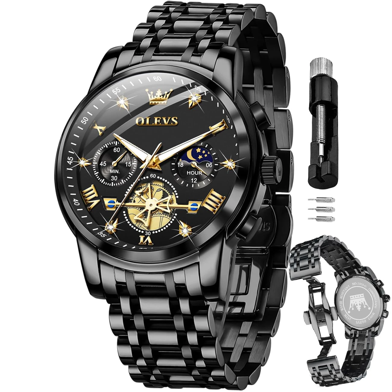 OLEVS Mens Chronograph Watch Gold Silver Stainless Steel Chain Quartz Wrist Watches Business Dress Waterproof Luminous Dat...