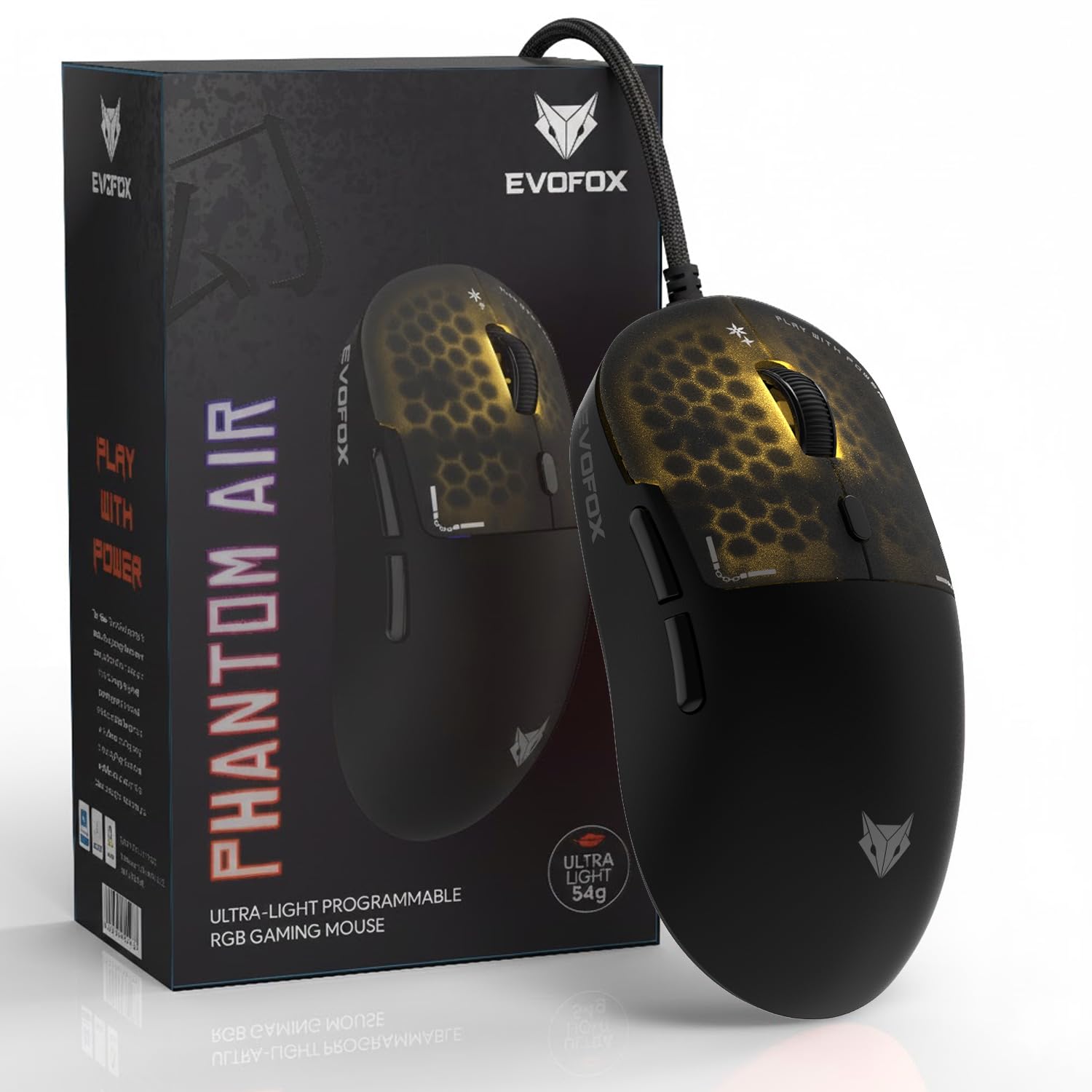 EvoFox Phantom Air Ultra Lightweight Gaming Mouse 54g | Upto 1000Hz Polling Rate, 7000 FPS, 12800 DPI | Honeycomb RGB Ligh...