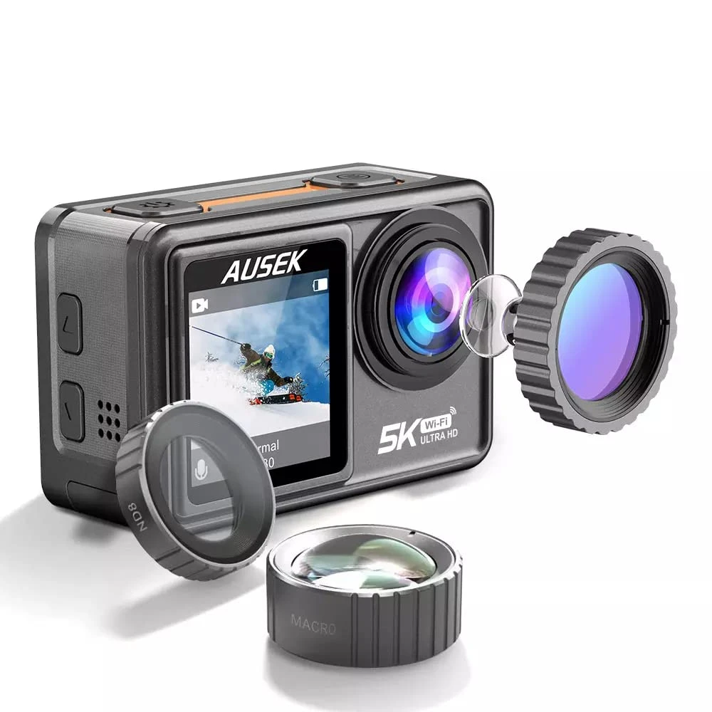 AUSHA® 5K Action Camera with Interchangeable 6 Lens Filters, EIS Stabilisation Antishake, 40M Waterproof, W...