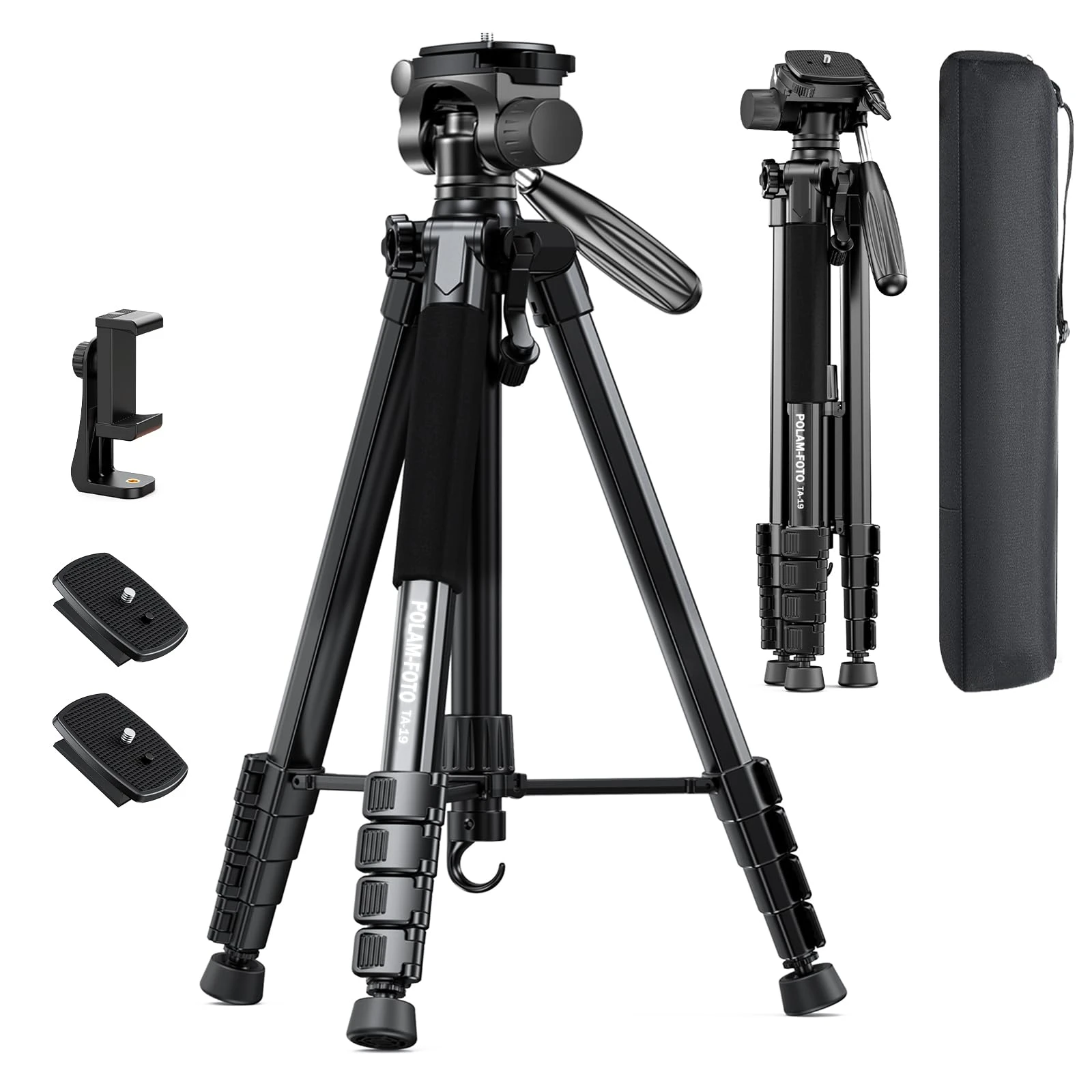 POLAM-FOTO Camera Tripod 188cm/74inch,Aluminium Lightweight Tripod with Mobile Phone Holder Mount & Carry B...